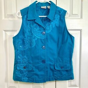 Chico’s Teal Blue Beaded & Embroidered Button Up Vest Size Large